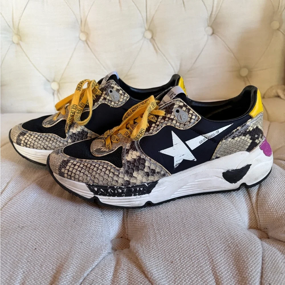 Golden Goose Snake Print Running Sneakers with Yellow Designer Laces